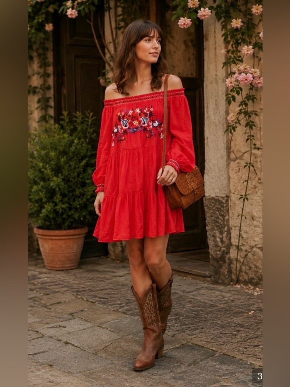 Free People Off-Shoulder Red Embroidered Tiered Dress